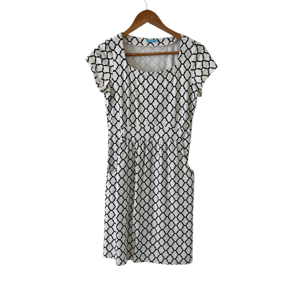 J. McLaughlin Geometric Fit Flare Dress Womens XS White Pockets Jersey Preppy